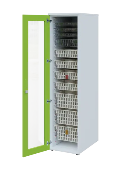 EUROMEDICA S - 46 skříň léková boxová, 1-dveřová/prosklená, levá, 1950x460x735, korpus bílý, dvířka jarní zeleň